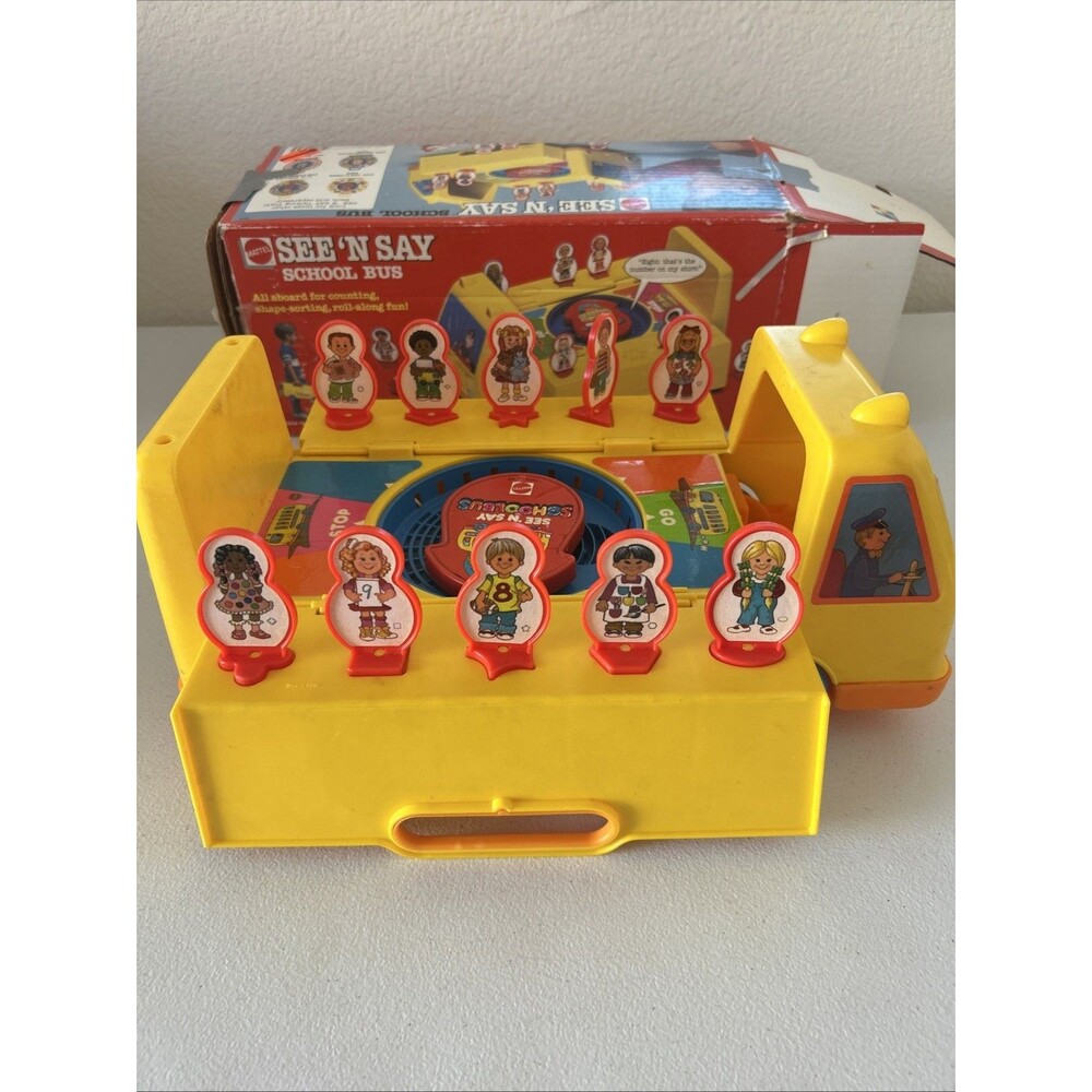 Vintage 1989 Mattel See N' Say School Bus Count Sort Pull Toy Rolling on Floor